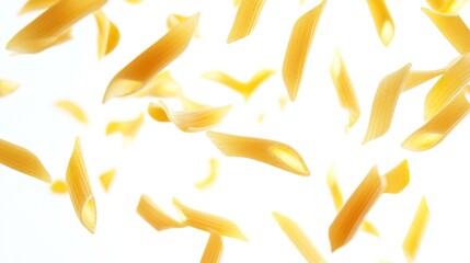 Fresh Italian Penne Pasta Dancing and Falling in Motion, Multiple Raw Uncooked Rigatoni Noodles Scattered and Suspended Against Pure White Background