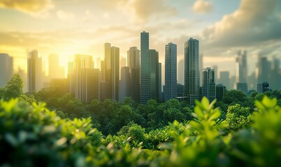 Sustainable Future Concept: Net Zero Emissions, Climate Neutral Cityscape with Greenery, CO2 Reduction, Environmental Conservation and Global Warming