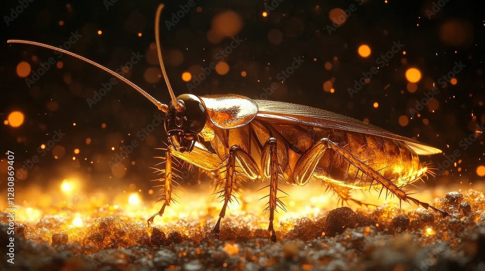 Poster close-up of a shiny cockroach on a sparkling surface, showcasing its intricate details and textures