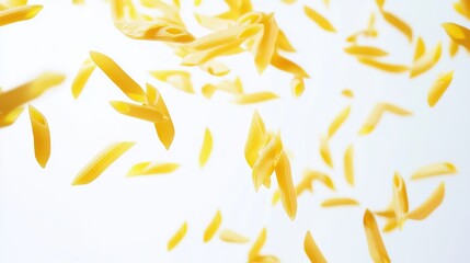 Fresh Italian Penne Pasta Dancing and Falling in Motion, Multiple Raw Uncooked Rigatoni Noodles Scattered and Suspended Against Pure White Background