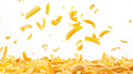 Obraz premium Fresh Italian Penne Pasta Dancing and Falling in Motion, Multiple Raw Uncooked Rigatoni Noodles Scattered and Suspended Against Pure White Background