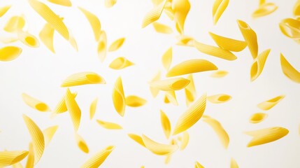 Fresh Italian Penne Pasta Dancing and Falling in Motion, Multiple Raw Uncooked Rigatoni Noodles Scattered and Suspended Against Pure White Background