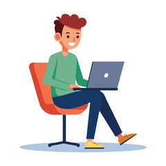 a boy is using his laptop vector