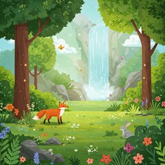 Whimsical forest scene with animals and waterfall.