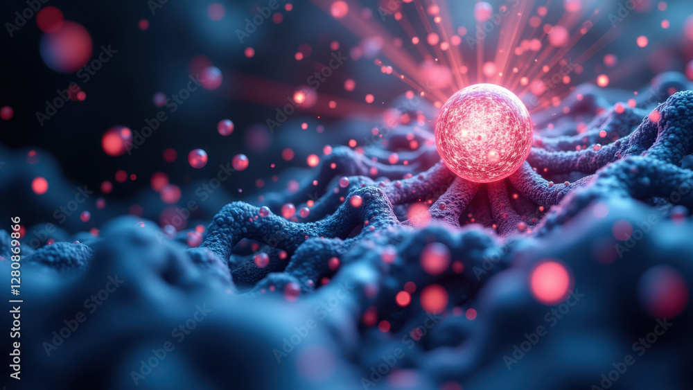 Poster close-up scientific microscopic view of semaglutide molecule with blue background and floating parti