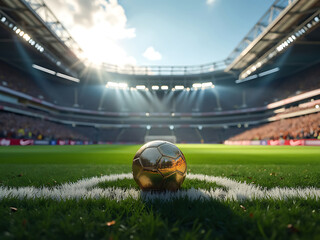 Golden soccer ball on the corner of a green field inside a stadium with bright sunlight shining through it