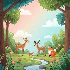 Charming forest scene with deer and fox.