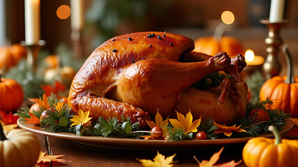 A thanksgiving feast featuring a roasted turkey pumpkins candles and autumn leaves on a wooden table top