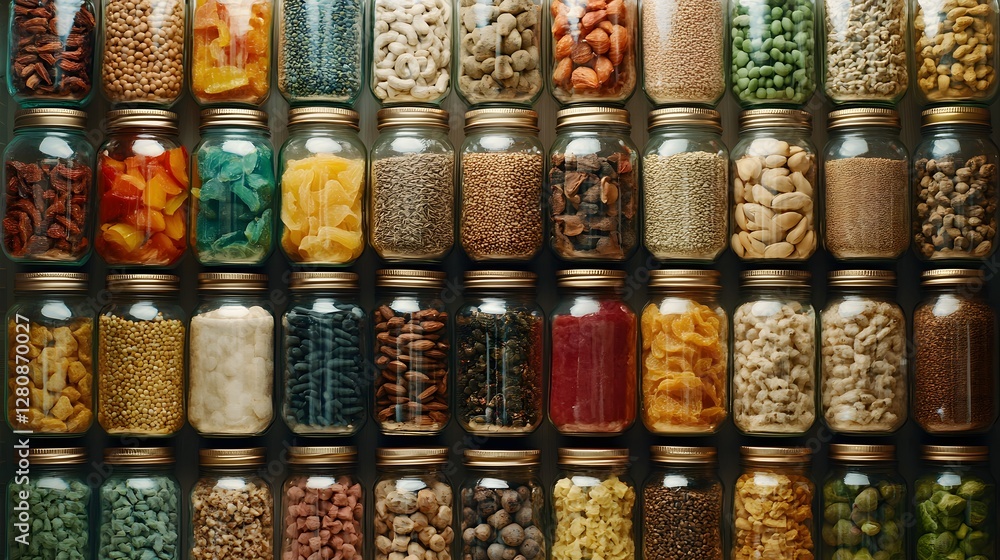 Poster showcasing rows of colorful jars filled with various food items and ingredients on a wooden table