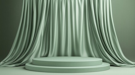Green podium display with satin wave curtain on green background. Empty pedestal for natural cosmetics products presentation, 3d rendering.