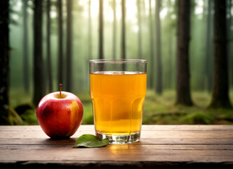 Apple natural juice on a background of nature. A glass of apple juice and red apples. Ecologically pure juice. Harvest of red apples.

