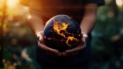 Fototapeta premium Earth Day concept with human hands holding the globe against a blurred nature background.