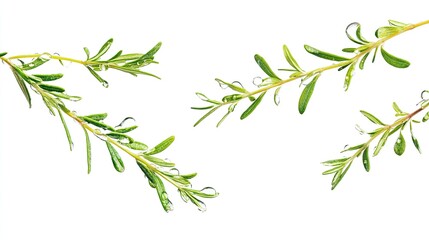 Fototapeta premium Fresh Organic Rosemary Herb Sprigs with Water Droplets Isolated on Pure White Background for Culinary and Aromatic Essential Oil Applications