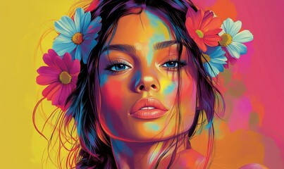 Vibrant Pop Art Portrait of Young Woman with Flowers in Hair and Colorful Background - Contemporary Stylish Illustration for Modern Decor
