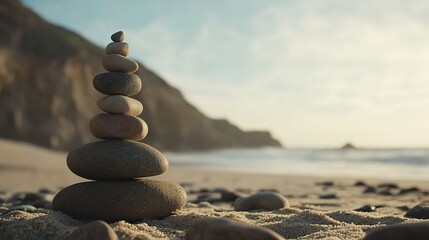 Serene beach scene with a balanced stack of stones symbolizing meditation and mental health wellness, tranquil and harmonious atmosphere.