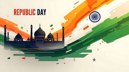 Republic day illustration with indian flag colors and silhouette of a historical building design art