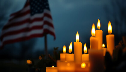 American flag waves behind glowing candles casting a warm light in the dark night memorial scene