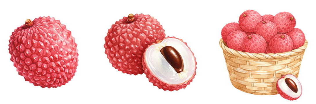Lychee fruit and basket illustrations, ripe pink details, watercolour style clipart collection