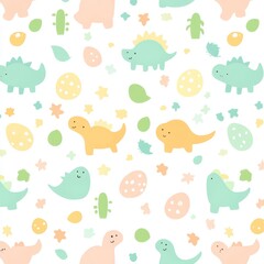 A cute dinosaur seamless pattern, versatile enough for use on wallpaper, in nursery decorations, textile prints, and as a design for wrapping paper