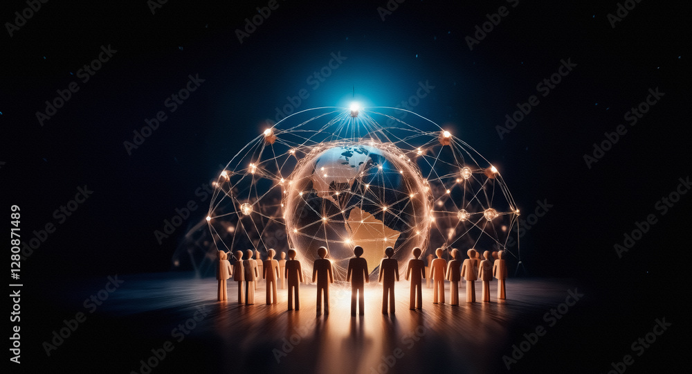 Fototapete silhouetted people face a glowing globe with network lines against a dark backdrop, symbolizing glob