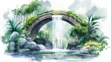 Watercolor Painting of a Stone Arch Bridge with Cascading Water