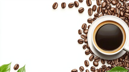 Obraz premium Coffee Cup Filled With Black Coffee and Coffee Beans Scattered On White Surface