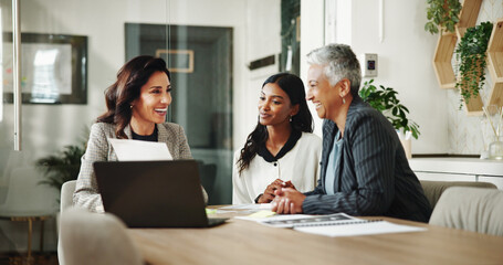 Business women, financial audit and paperwork with laptop, budget and advisor for customer...