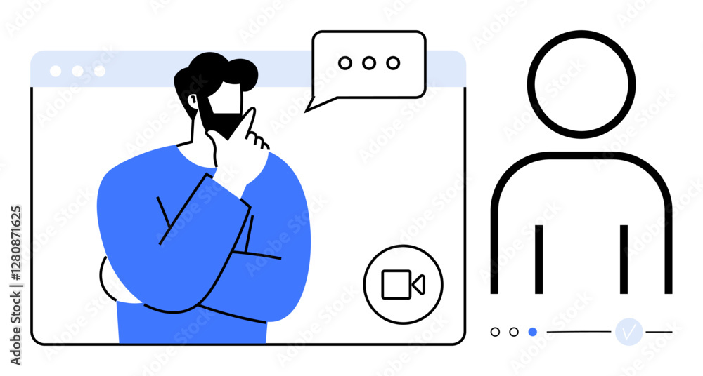 Aufkleber man in video call interface speaking with gesture. speech bubble, attendee icon. ideal for remote co