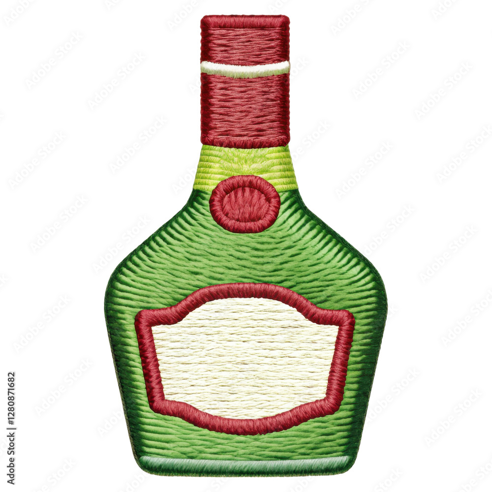 Poster isolated green bottle with red cap and label on a transparent background
