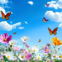 Colorful Butterflies and Flowers in a Sunny Sky