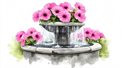 Watercolor Illustration of a Stone Fountain with Vines
