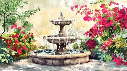 Stone Fountain Watercolor Painting Surrounded by Lush Greenery