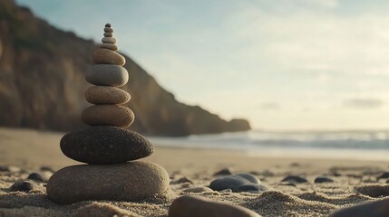 Serene beach scene with a balanced stack of stones symbolizing meditation and mental health wellness, tranquil and harmonious atmosphere.