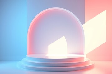 Modern abstract podium with multicolor lighting, suitable for showcasing products or presentations.