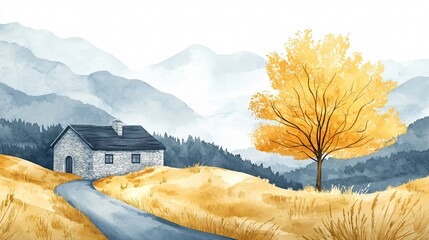 Watercolor Painting of a Cozy Stone Cottage