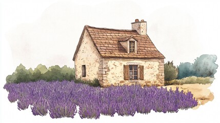 Watercolor Stone House with Overgrown Grass