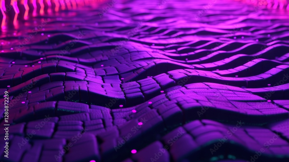 Poster a blue purple wave line light gradient set against a dark background serves as a digital backdrop fo