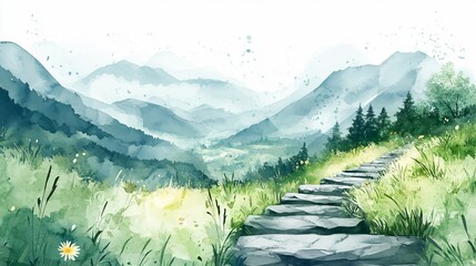 Intricate Stone Staircase Painting with Watercolor Effect