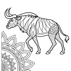 Wildebeest Coloring Page: Detailed Line Art of African Animal with Mandala Design for Creative Coloring Fun and Relaxation