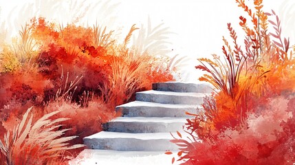 Watercolor Painting Depicting a Winding Stone Staircase