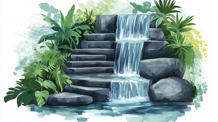 Artistic Watercolor Painting of a Stone Waterfall with Steps