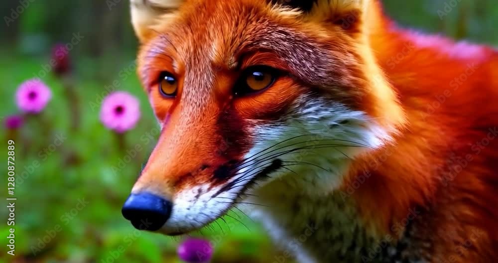 Poster fox in a meadow with flowers and blurred background in daytime light