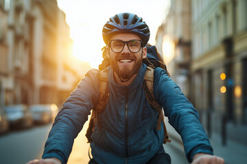 Happy cyclist commuting through the city at sunrise enjoying an active and eco-friendly urban lifestyle