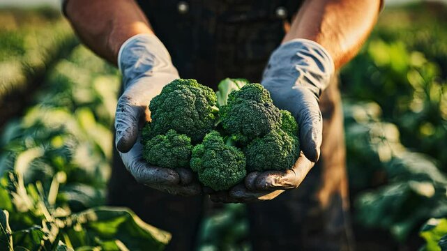 Farmer's hands holding fresh broccoli in a sunlit field. Close-up shot featuring the hands of a worker, gloved and holding broccoli. The background shows a blurry field of green foliage