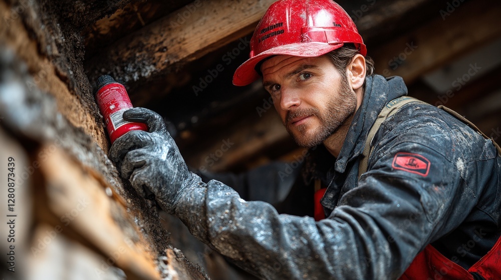 Poster skilled worker inspecting a wooden structure with a flashlight, surrounded by rustic materials