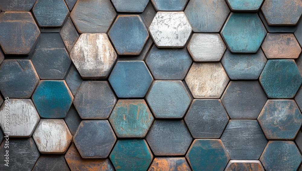 Poster honeycomb patterned wood panels in a hexagonal shape, set against a wooden background with an abstra