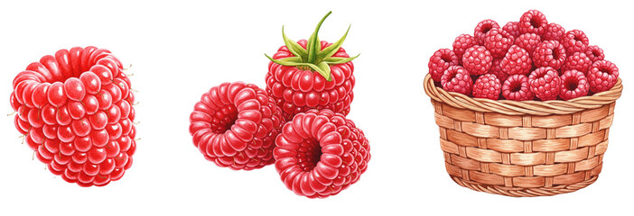 Raspberry fruit and basket illustrations, ripe red berry details, watercolour style clipart collection