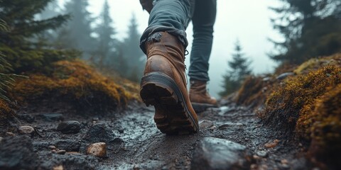 Man hiking up a mountain trail with a close-up of his leather hiking boots. The hiker shown in motion, with one foot lifted off the ground and the other planted on the mountain trail. Generative AI