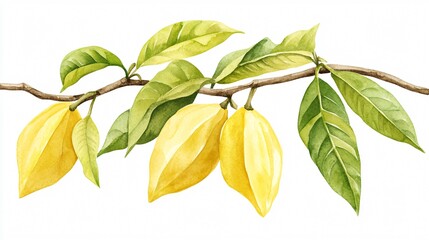 Watercolor Illustration of a Star Fruit Branch with Ripe Fruits