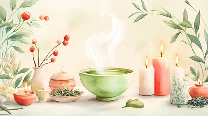 Watercolor Painting of a Steaming Green Tea Bowl